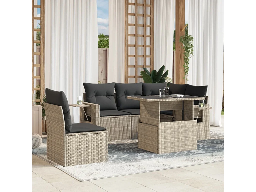 6-tlg. Garten-Sofagarnitur mit Kissen Hellgrau Poly Rattan