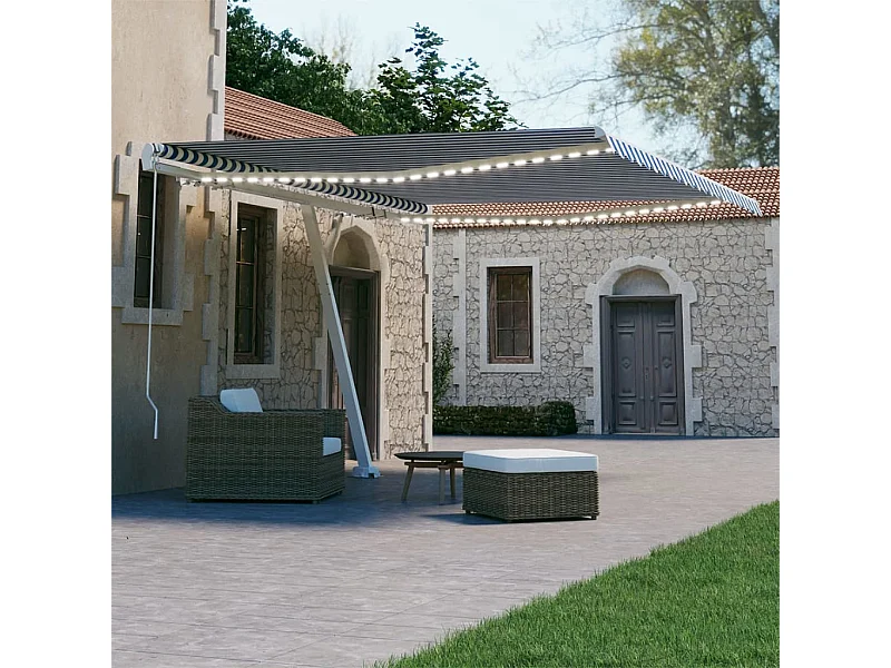 Toldo retráctil manual con LED azul y blanco 400x300 cm