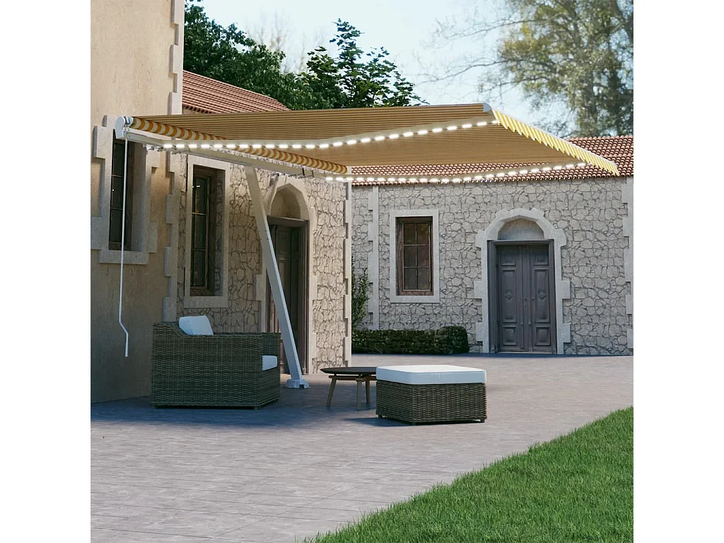 Tenda da Sole Retrattile Manuale e LED 400x300cm Gialla Bianca
