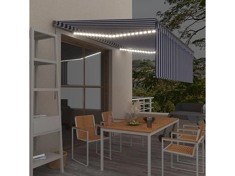 Toldo retrátil manual com estore/LED 4x3 m azul e branco