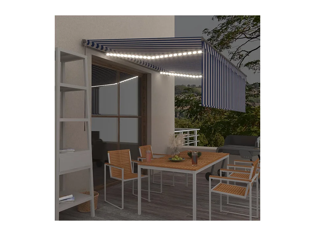 Auvent manuel rétractable avec store et LED 4x3 m Bleu et blanc