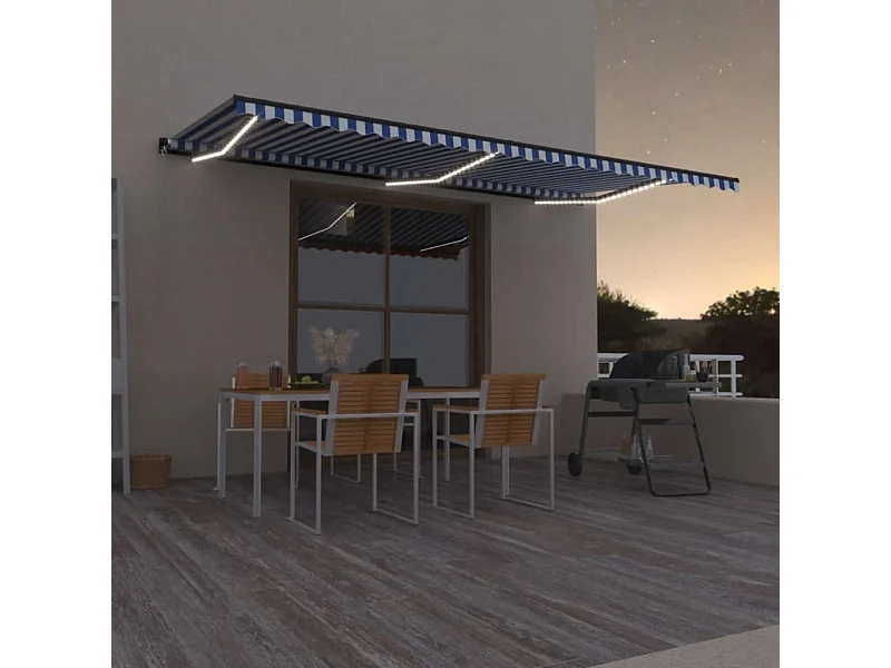 Tenda da Sole Retrattile Manuale con LED 600x300cm Blu e Bianco