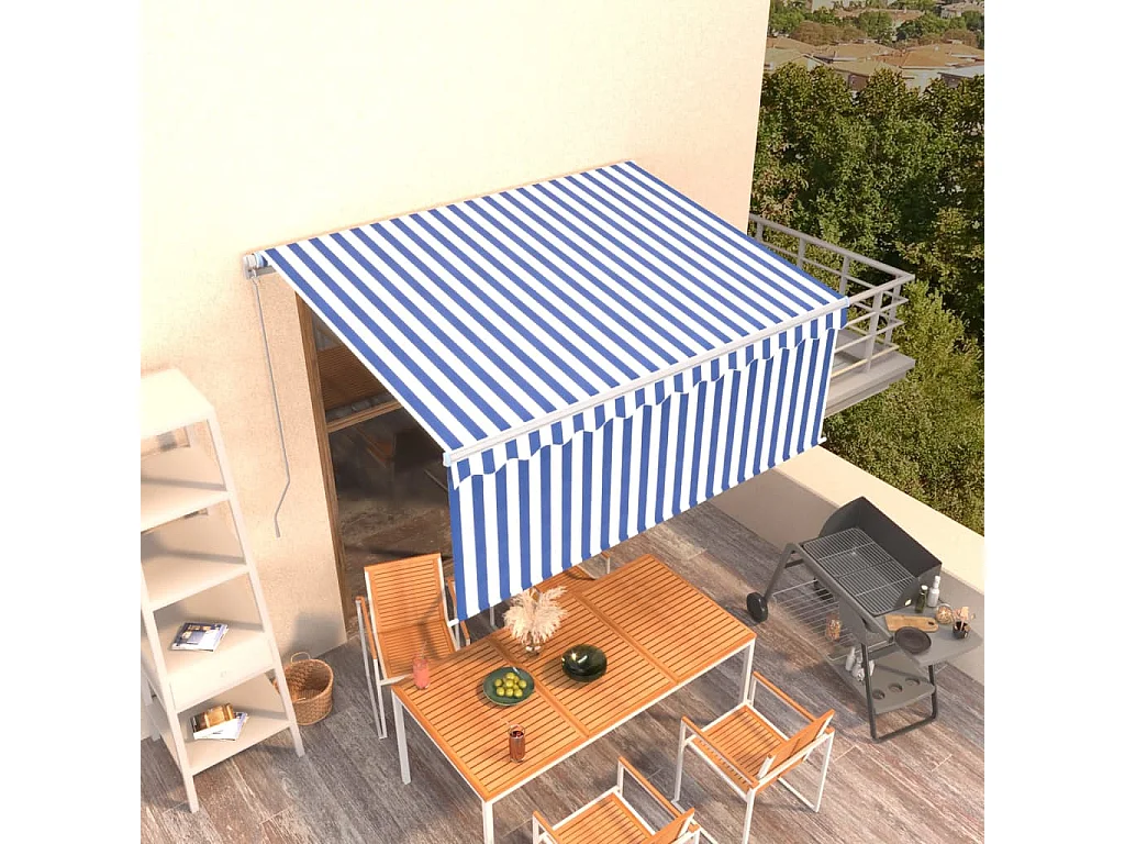 Auvent rétractable manuel avec store 3,5x2,5 m Bleu et blanc