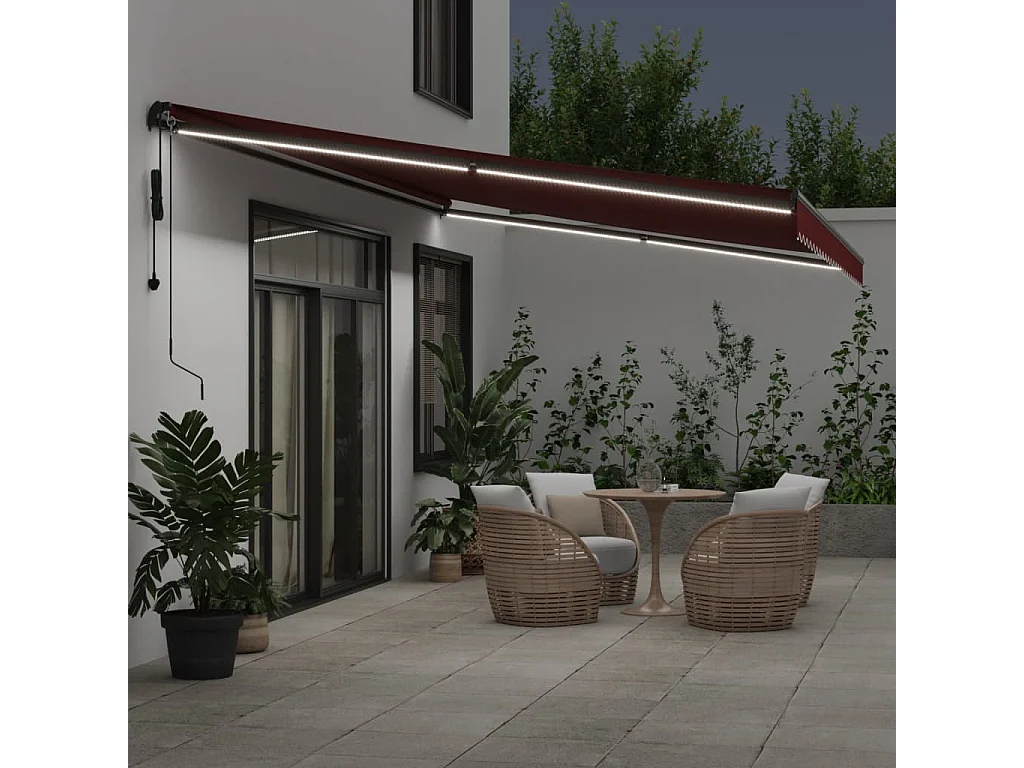 Auvent rétractable automatique avec LED bordeaux 600x300 cm