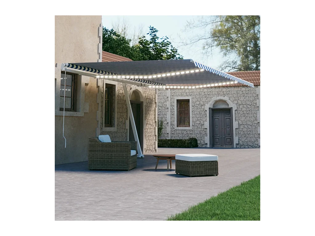Toldo automático LED sensor de viento azul y blanco 600x300 cm