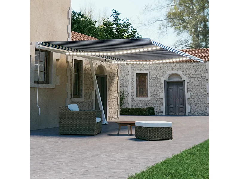 Tenda Automatica con Sensore Vento e LED 600x300 cm Blu Bianca