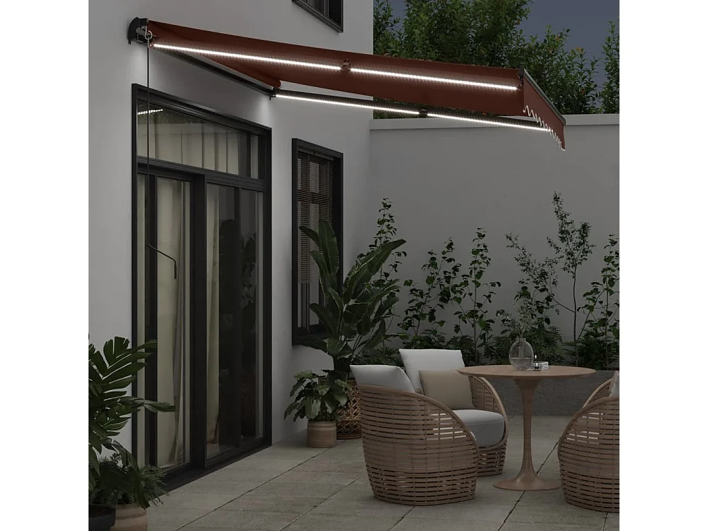 Toldo retrátil manual com luzes LED 300x250 cm castanho