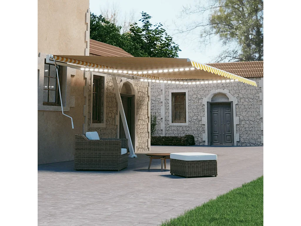 Toldo retráctil manual con luz LED amarillo y blanco 600x300 cm