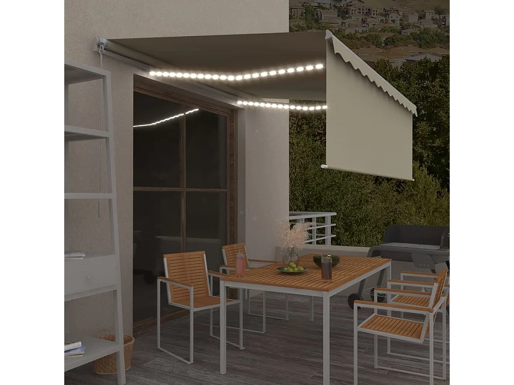 Auvent manuel rétractable avec store et LED 4,5x3 m Crème