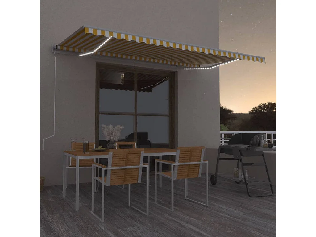 Toldo retráctil manual con LED azul y blanco 500x350 cm
