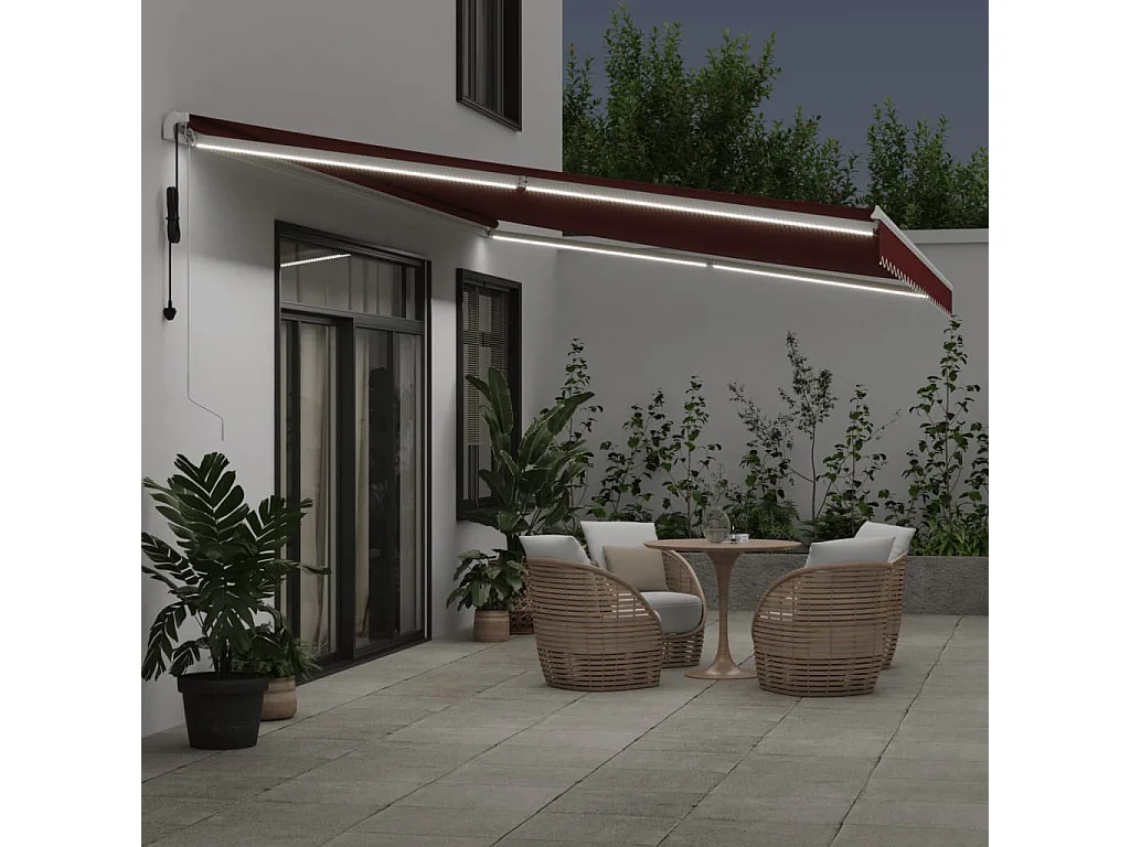 Auvent rétractable automatique avec LED bordeaux 600x350 cm