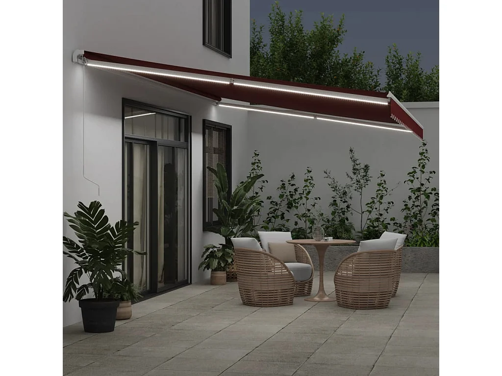 Auvent manuel rétractable avec LED bordeaux 600x300 cm