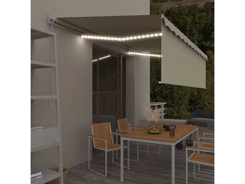 Auvent rétractable manuel avec store et LED 5x3 m Crème
