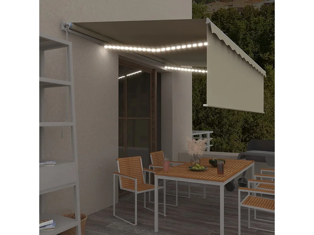 Auvent rétractable manuel avec store et LED 5x3 m Crème