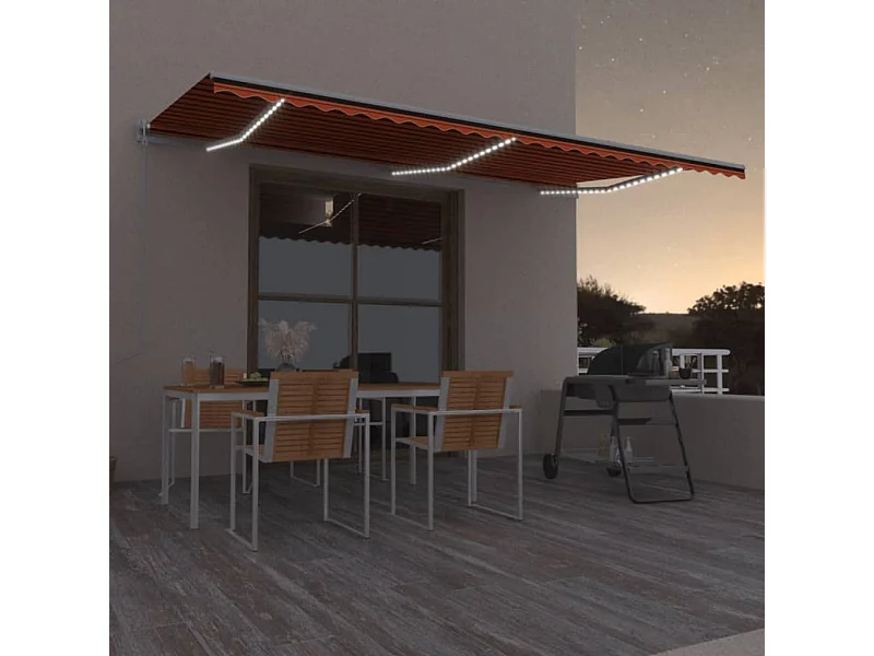 Toldo automático LED sensor de viento naranja marrón 600x300 cm