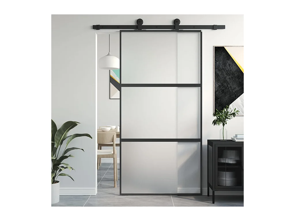 Porte coulissante noir 102,5x205 cm verre trempé aluminium