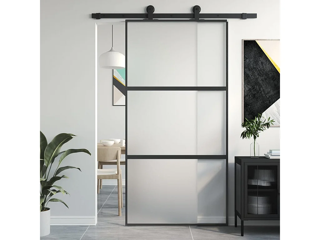 Schwarze Schiebetür 102,5 x 205 cm aus gehärtetem Aluminiumglas
