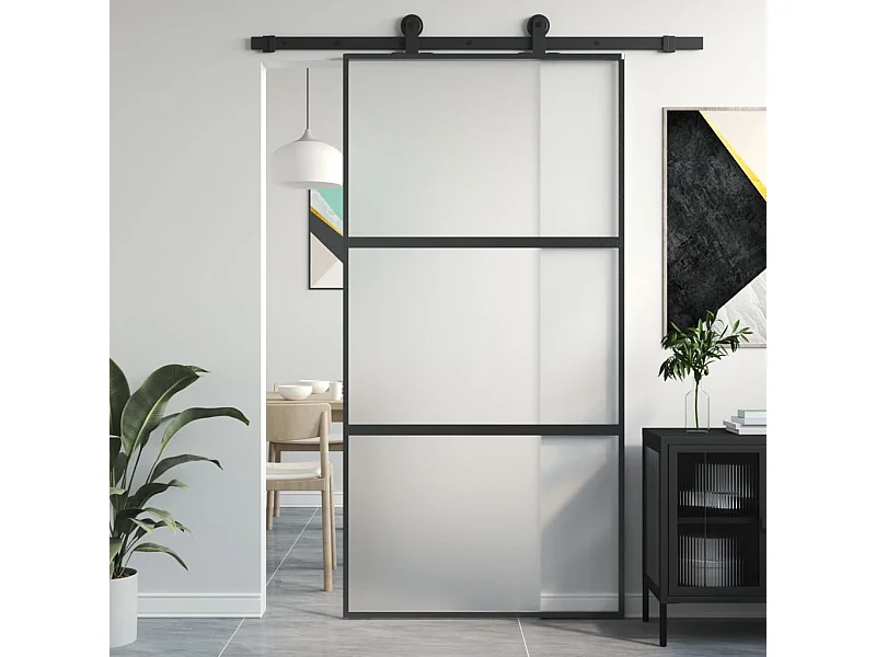 Schwarze Schiebetür 102,5 x 205 cm aus gehärtetem Aluminiumglas