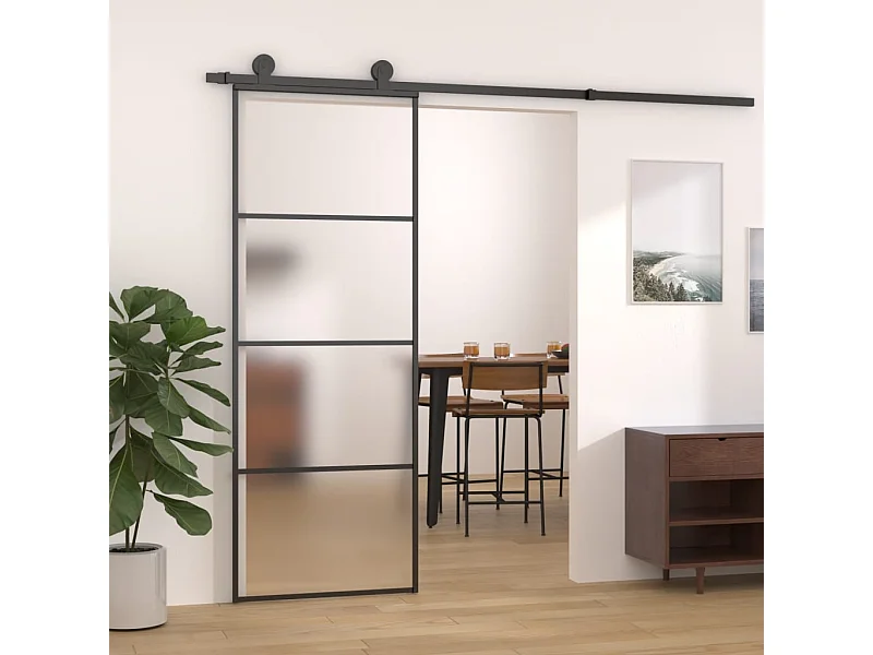 Schiebetür aus satiniertem ESG-Glas und Aluminium, 76 x 205 cm, Schwarz