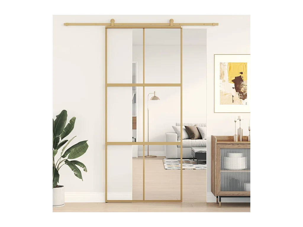 Porte coulissante doré 90x205 cm verre ESG clair et aluminium