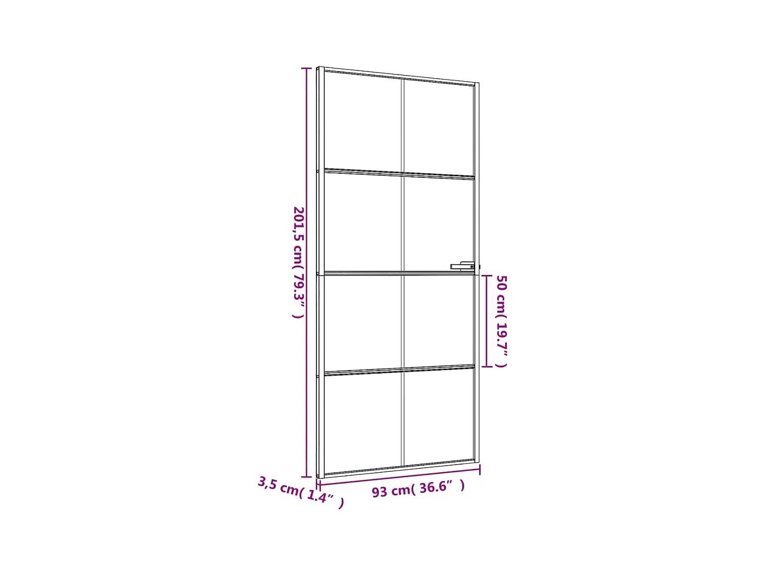 Dunne zwarte binnendeur 93x201,5 cm gehard glas aluminium