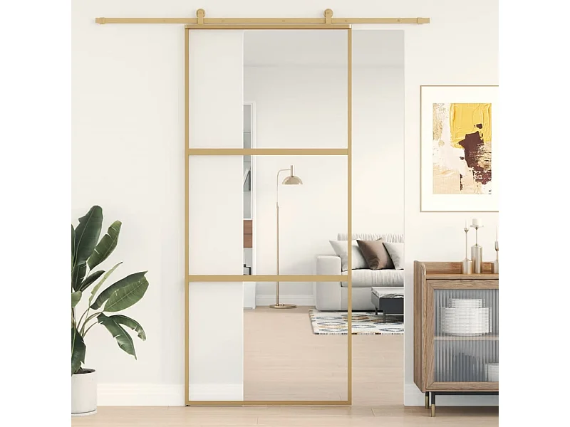 Porte coulissante doré 90x205 cm verre ESG clair et aluminium