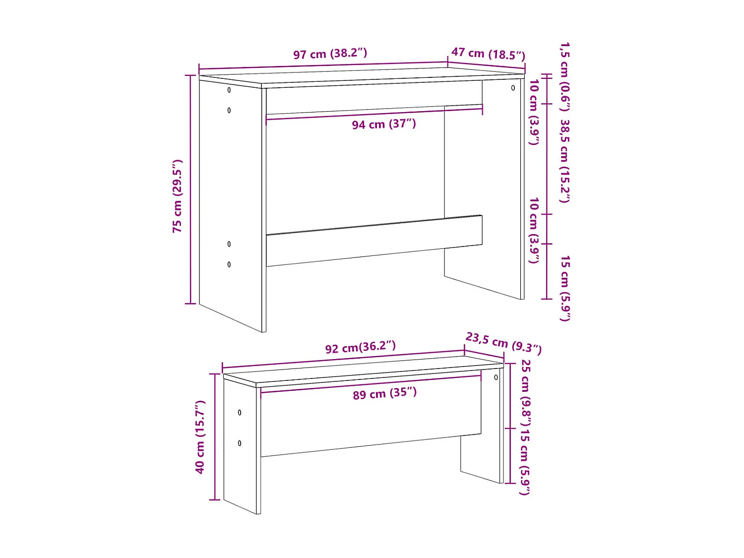 Conjunto de mesa de jantar e banco de madeira projetada de 3 peças