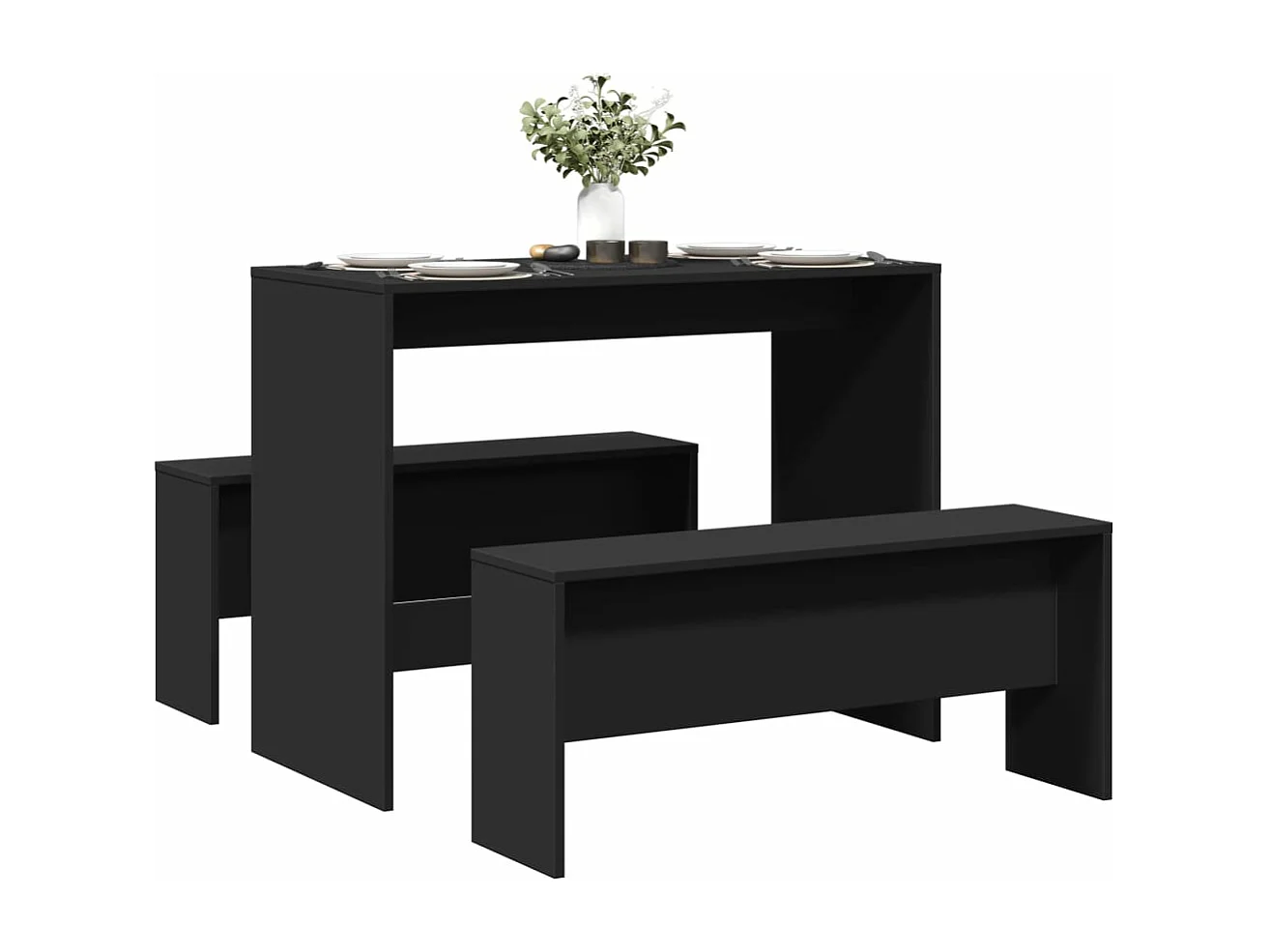 Ensemble table à manger et bancs 3 pcs noir bois d'ingénierie