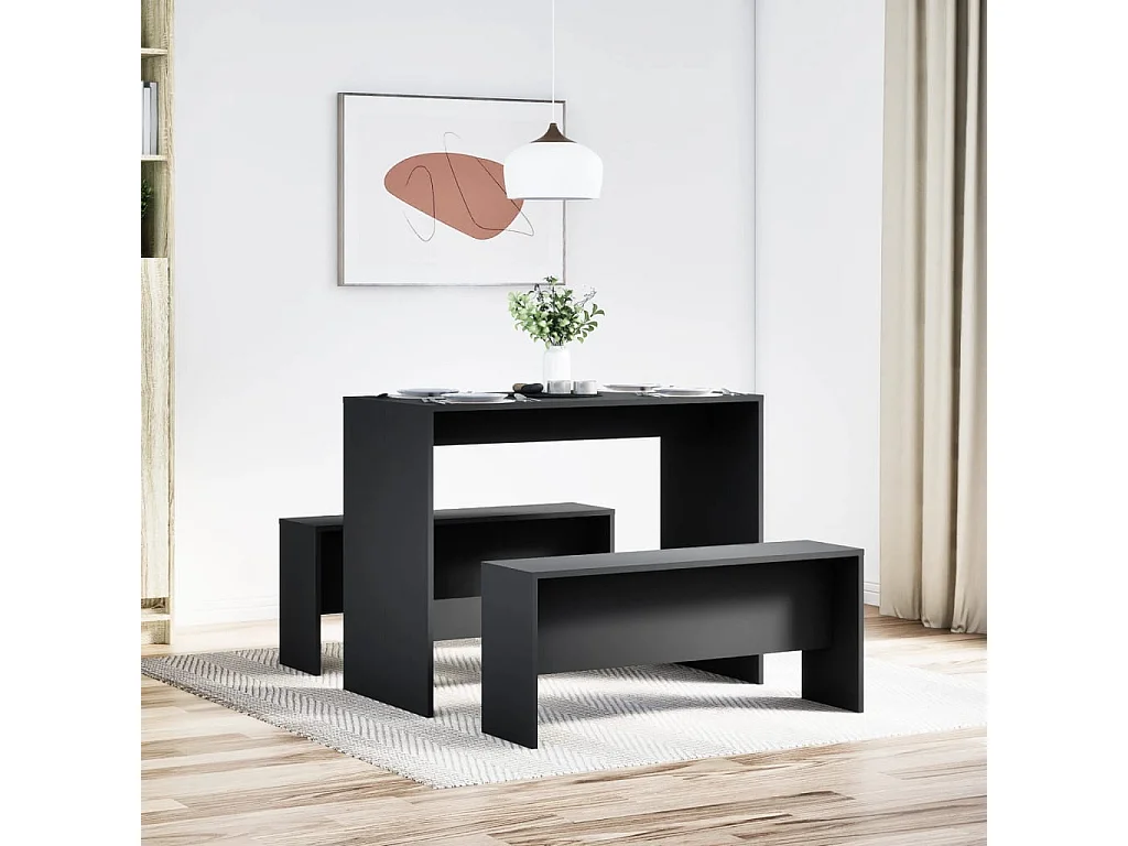 Ensemble table à manger et bancs 3 pcs noir bois d'ingénierie