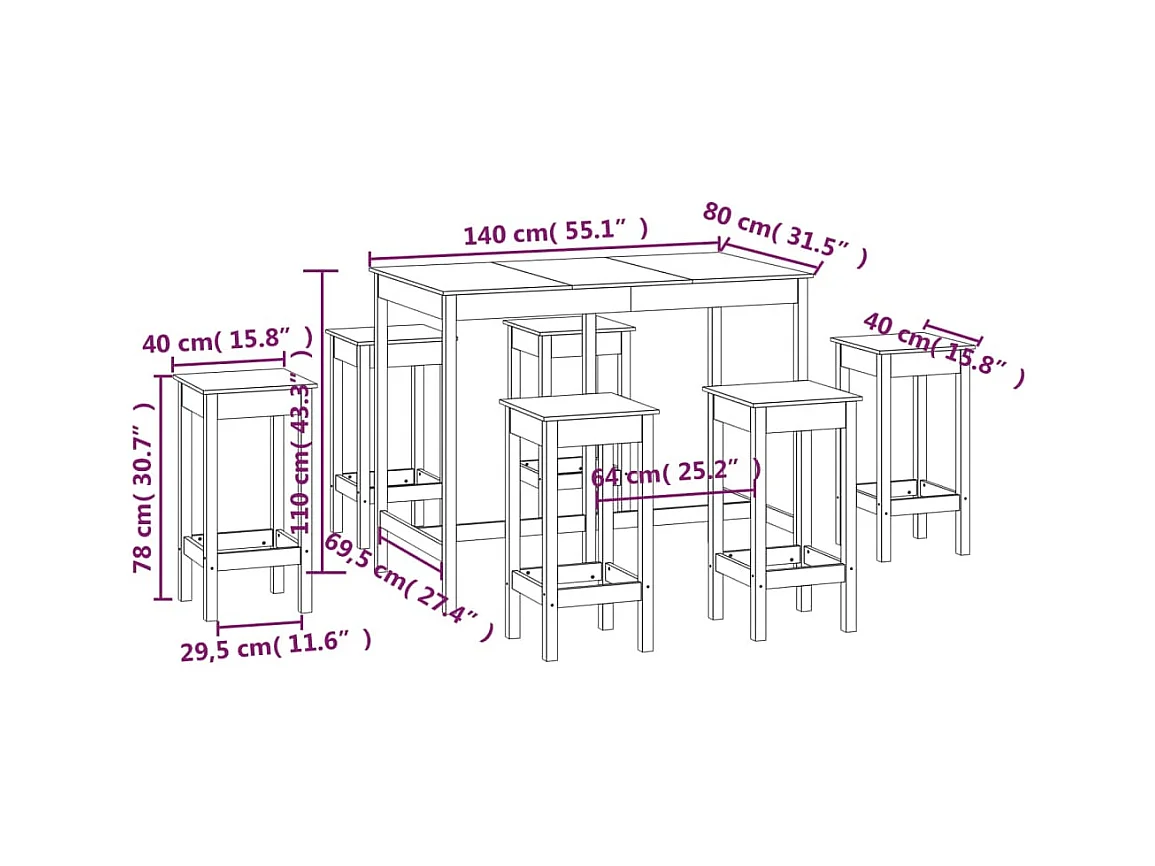 Set da bar 7 pezzi. Legno di pino massiccio