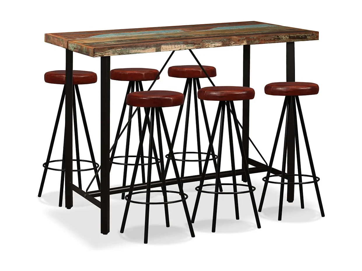 Ensemble de bar 7 pcs Bois massif recyclé et cuir véritable