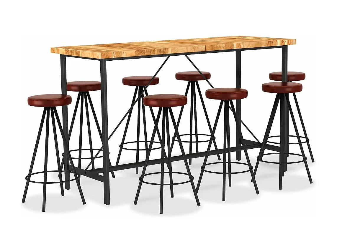 Set da bar da 9 pezzi in legno massello di acacia e vera pelle