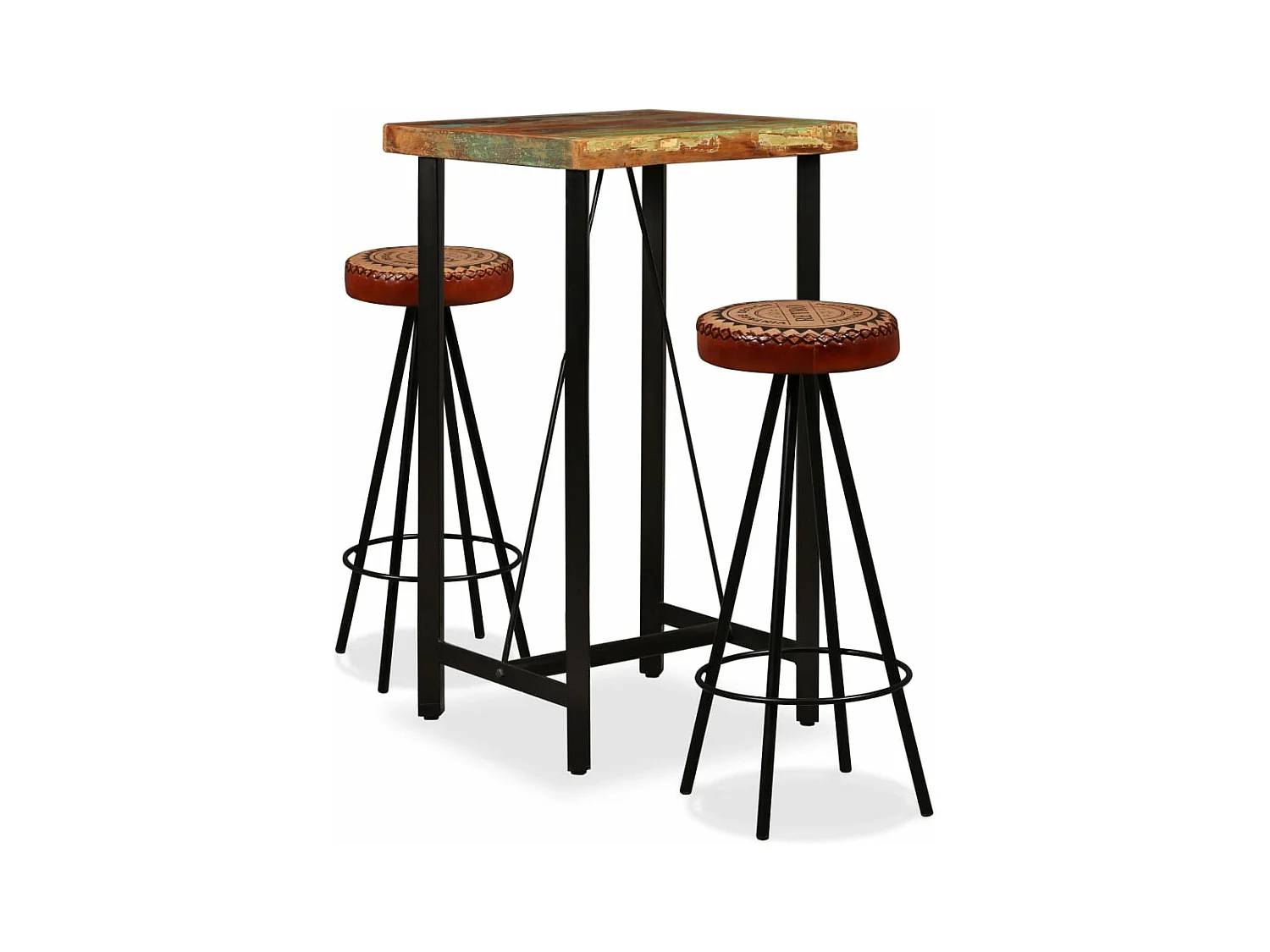 Set da bar da 3 pezzi in legno di recupero, vera pelle e tela