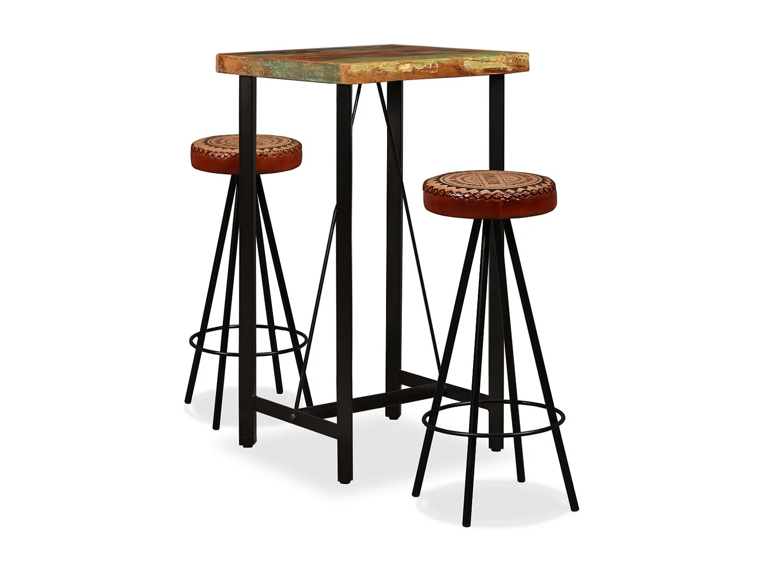 Ensemble de bar 3 pcs Bois de récupération Cuir véritable et toile
