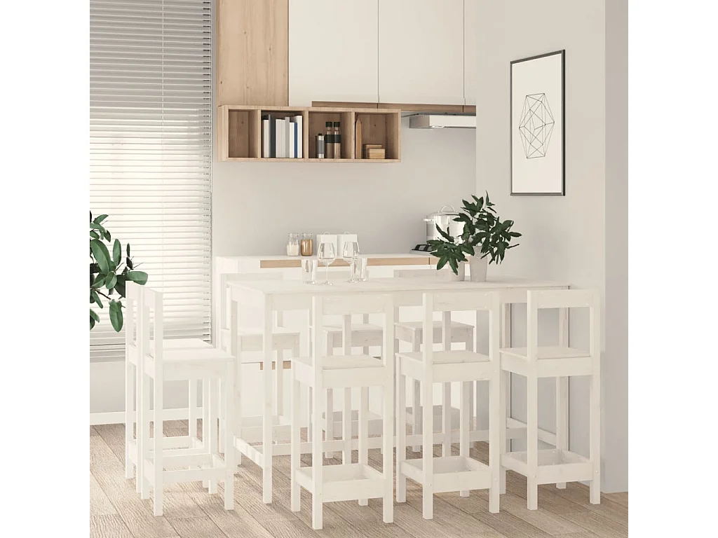 Set da bar 9 pezzi. Legno di pino massiccio bianco