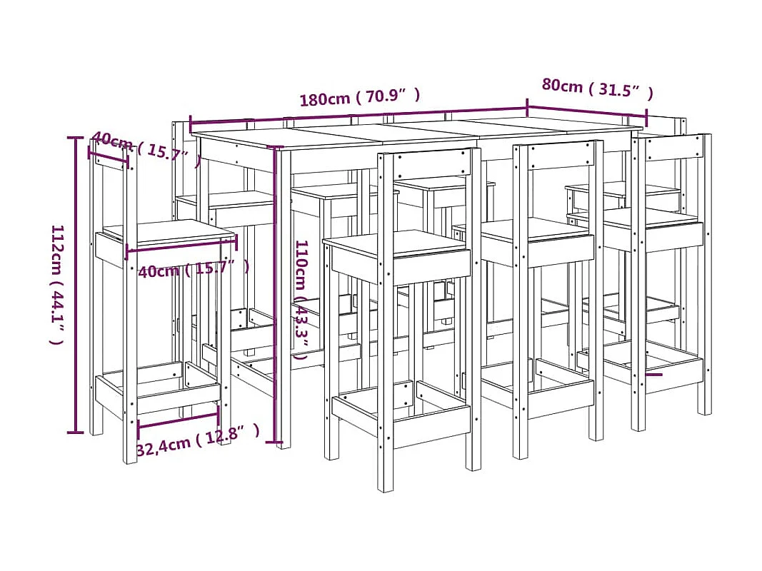 Ensemble de bar 9 pcs Blanc Bois de pin massif