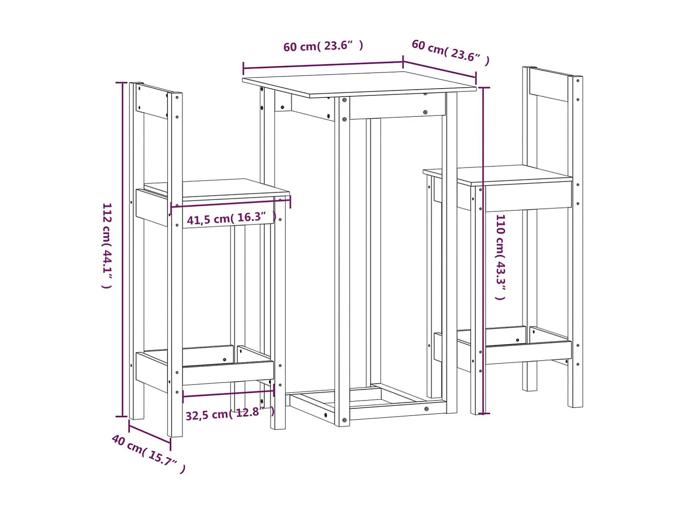 Ensemble de bar 3 pcs Bois de pin massif
