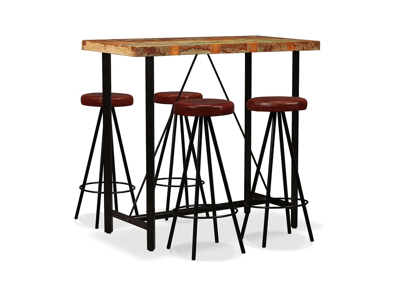 Ensemble de bar 5 pcs Bois massif recyclé et cuir véritable