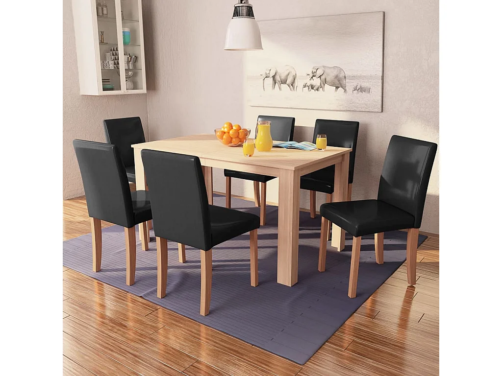 Table et chaises 7 pcs Cuir synthétique Chêne Noir