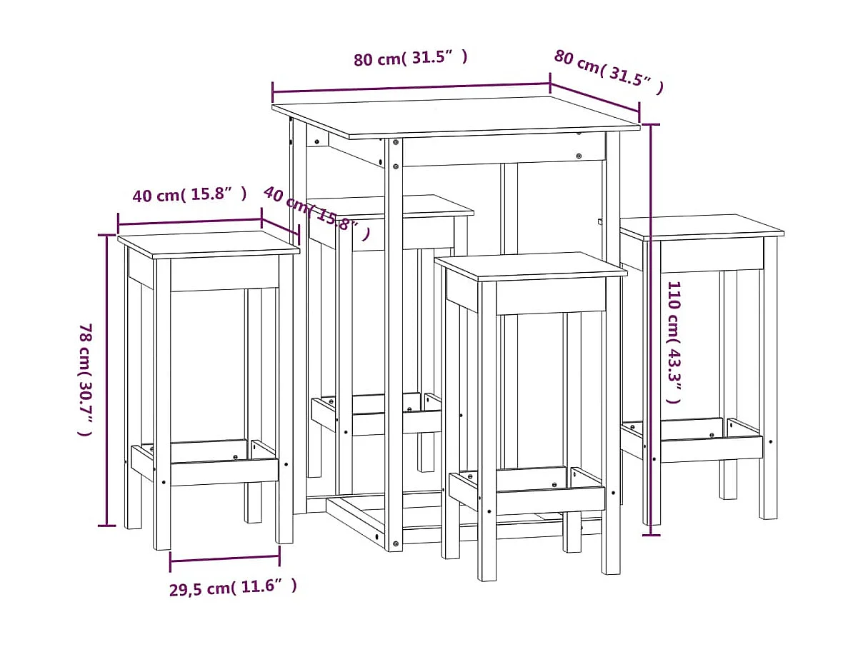 Ensemble de bar 5 pcs Bois de pin massif