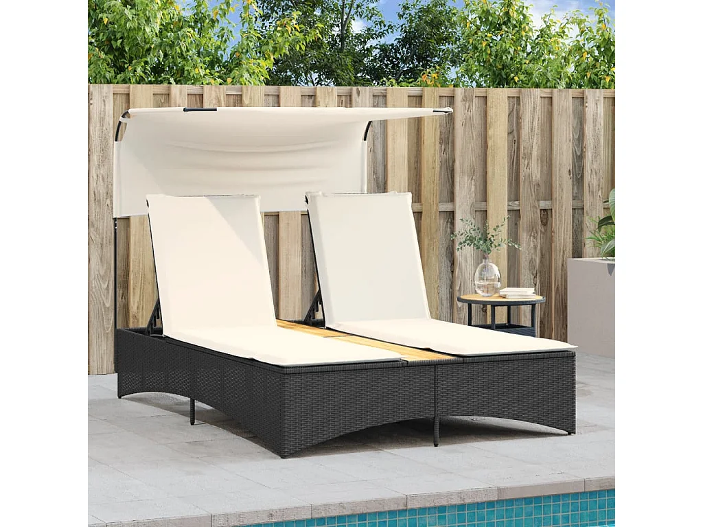 Chaise longue double et auvent et coussins noir résine tressée