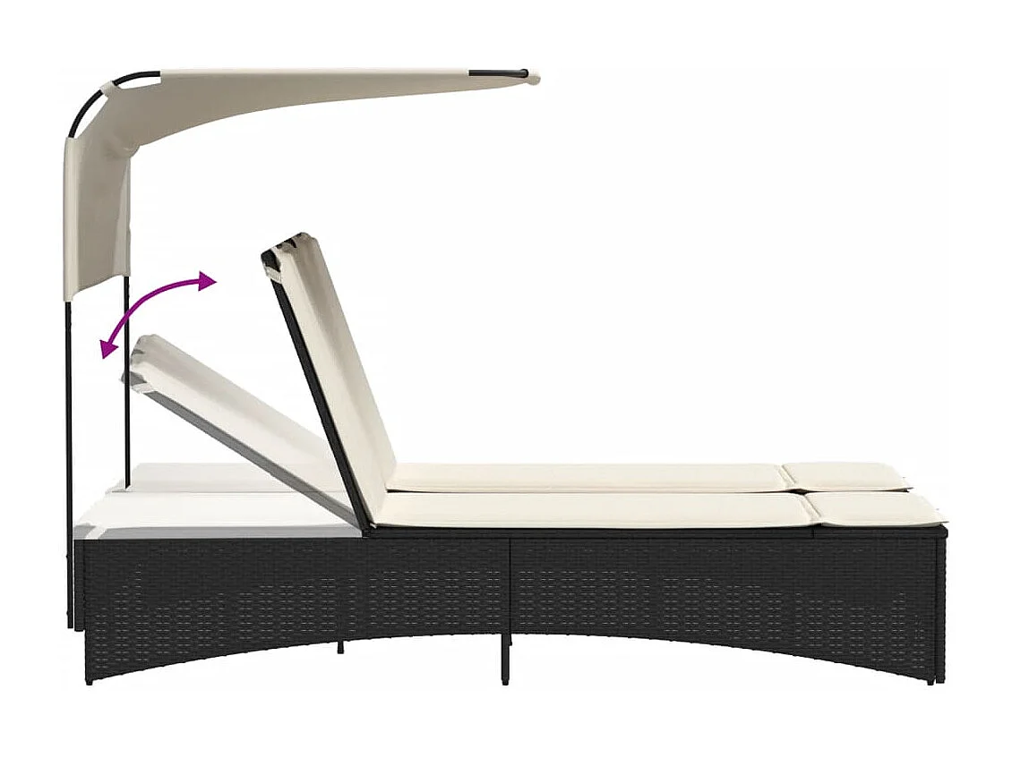 Chaise longue double et auvent et coussins noir résine tressée