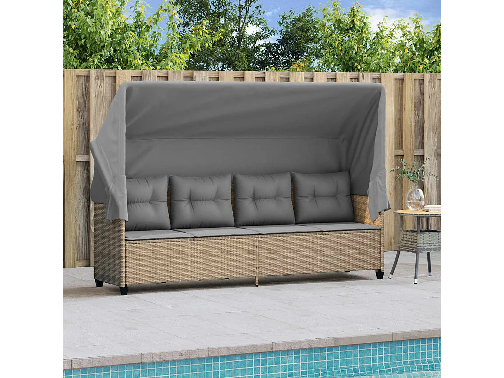 Chaise longue avec auvent et coussins beige résine tressée