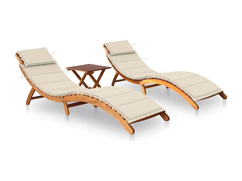 Chaises longues lot de 2 avec table et coussins Acacia solide