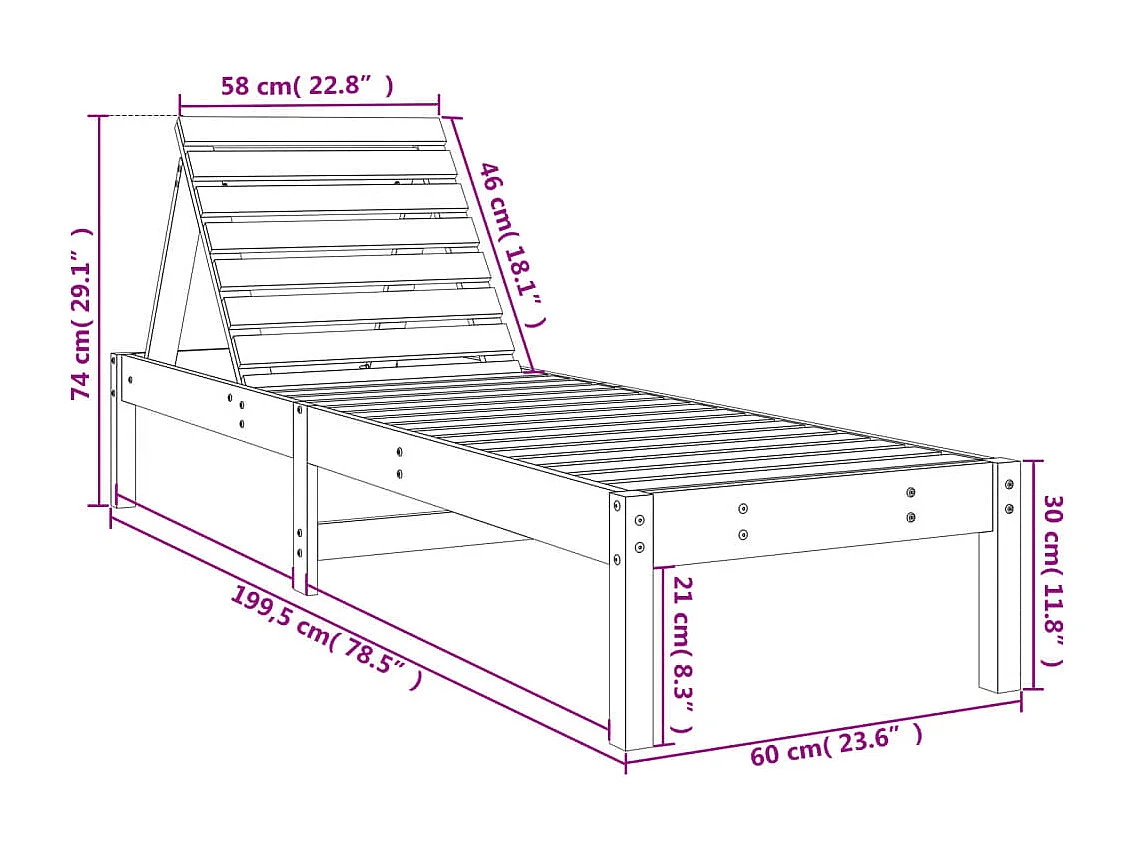 Chaise longue 199,5x60x74 cm bois massif de pin