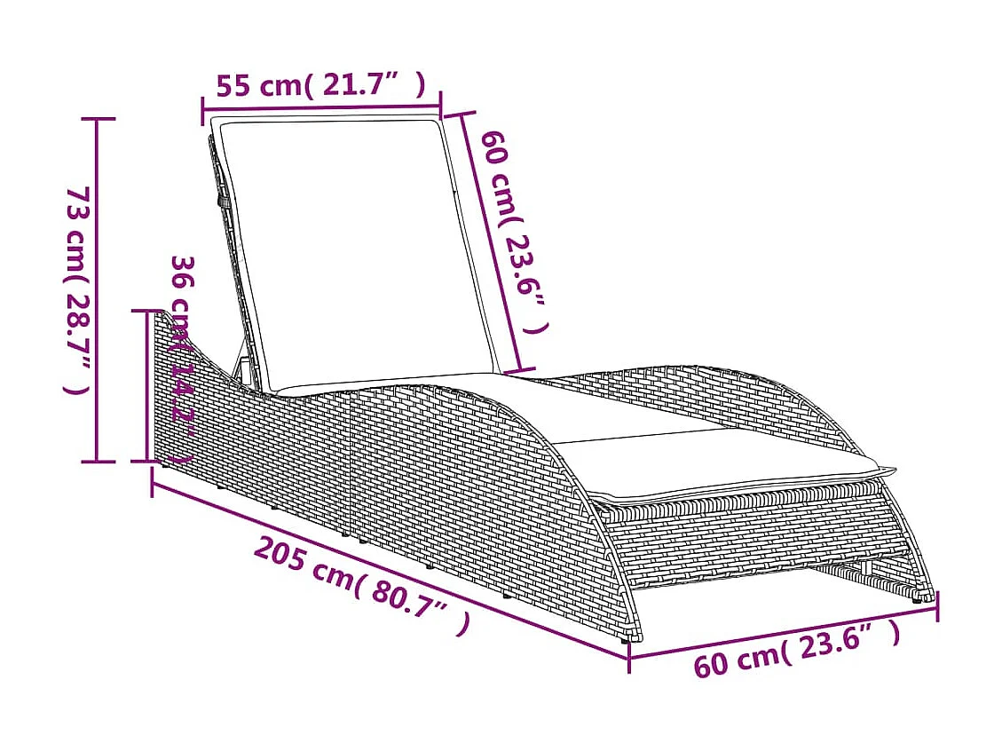 Chaise longue avec coussin gris clair 60x205x73 cm poly rotin