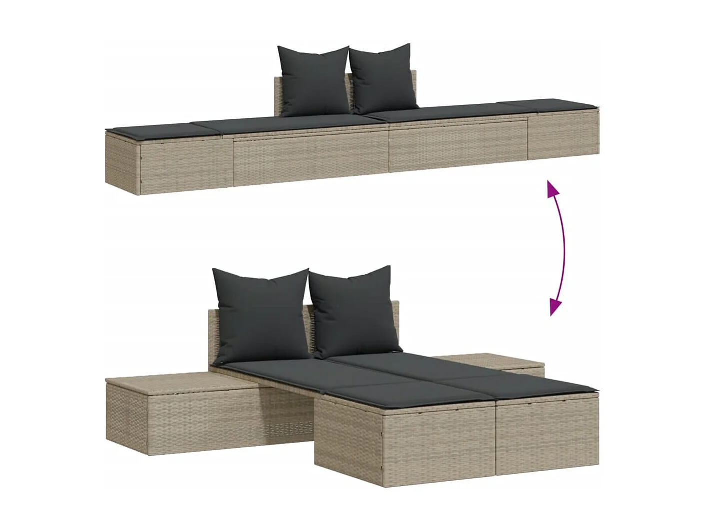 Chaise longue double avec coussins gris clair résine tressée