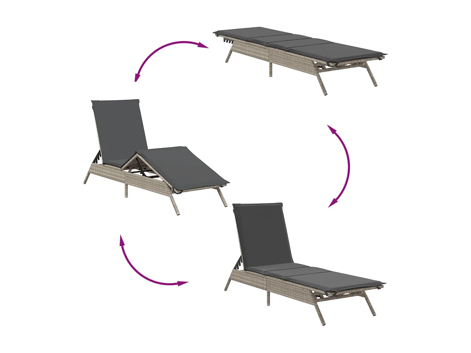Juego de 2 tumbonas con mesa de resina tejida en gris claro.