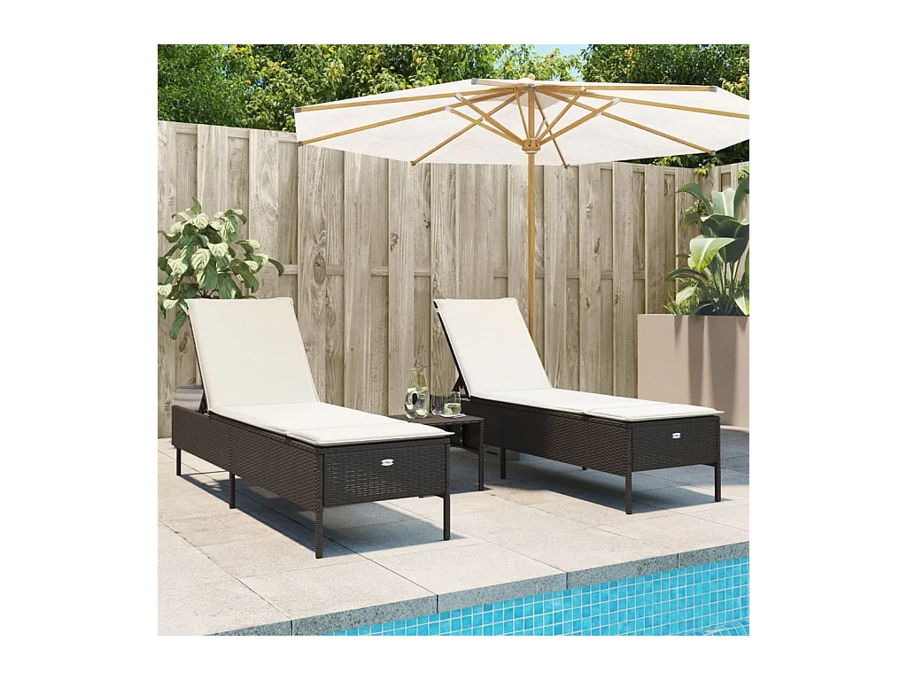 Ensemble de chaises longues et coussins 3 pcs marron poly rotin