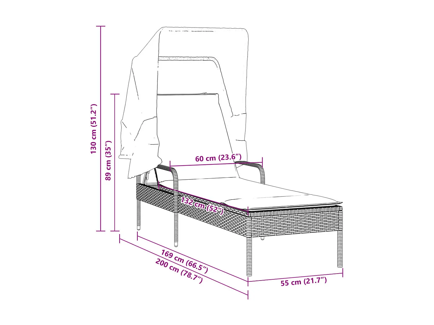Chaise longue avec auvent gris clair résine tressée